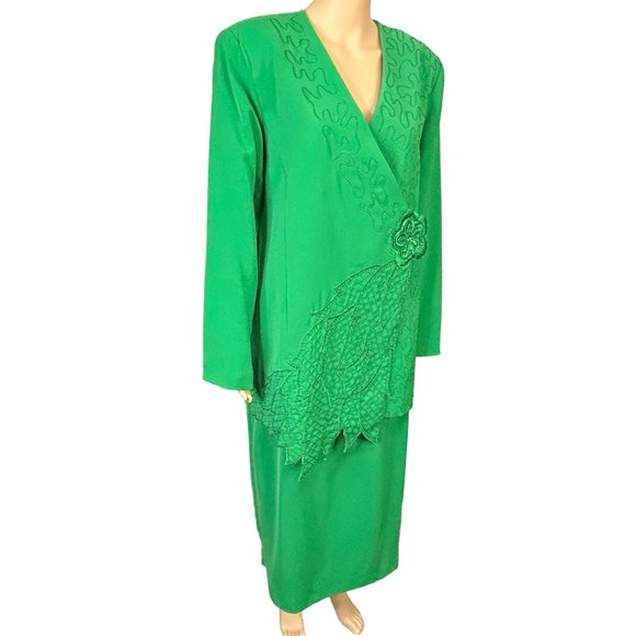 Harmony New York Womens 14 Green Embroidered Suit Jacket Blazer Skirt Set Outfit - Picture 4 of 12